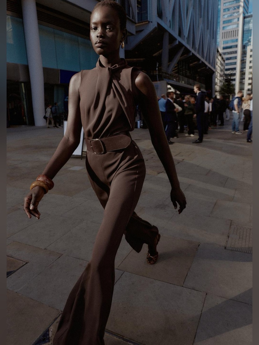 Zara Sleeveless Jumpsuit With Belt High Collar Knot Detail Brown Small